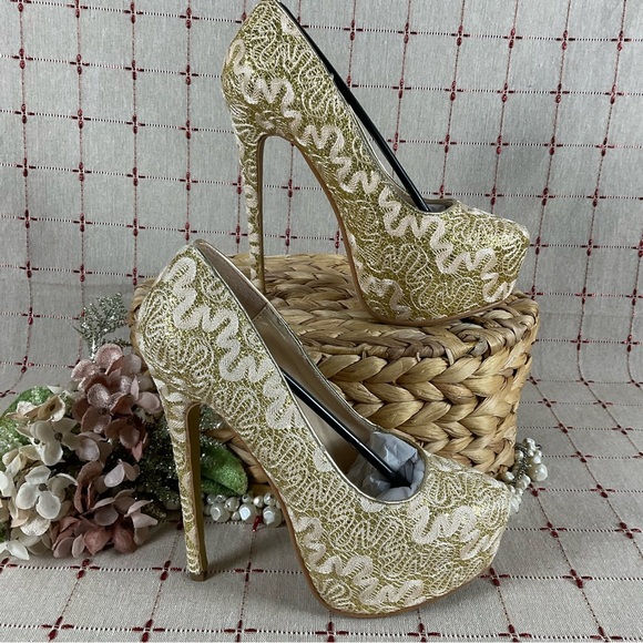LaSonia Golden Glitter Ribbons Ultra High Platform Stilettos New Sz 7 Heels - Picture 7 of 7
